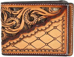 3D Leather Calf Hair Hand Tooled Overlaid Bifold Wallet