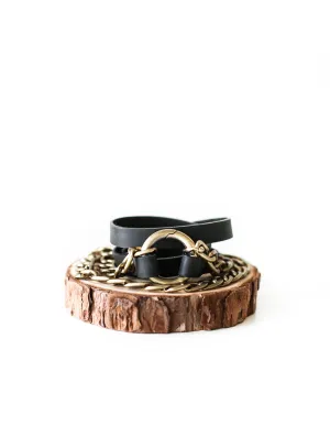 Small Ring Black Leather Bracelet w/ Antique Brass Chain