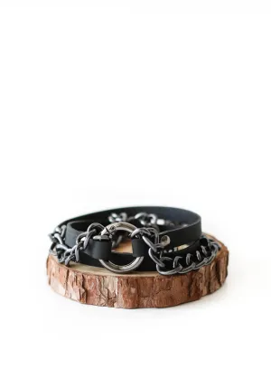 Small Ring Black Leather Bracelet w/ Black Chain